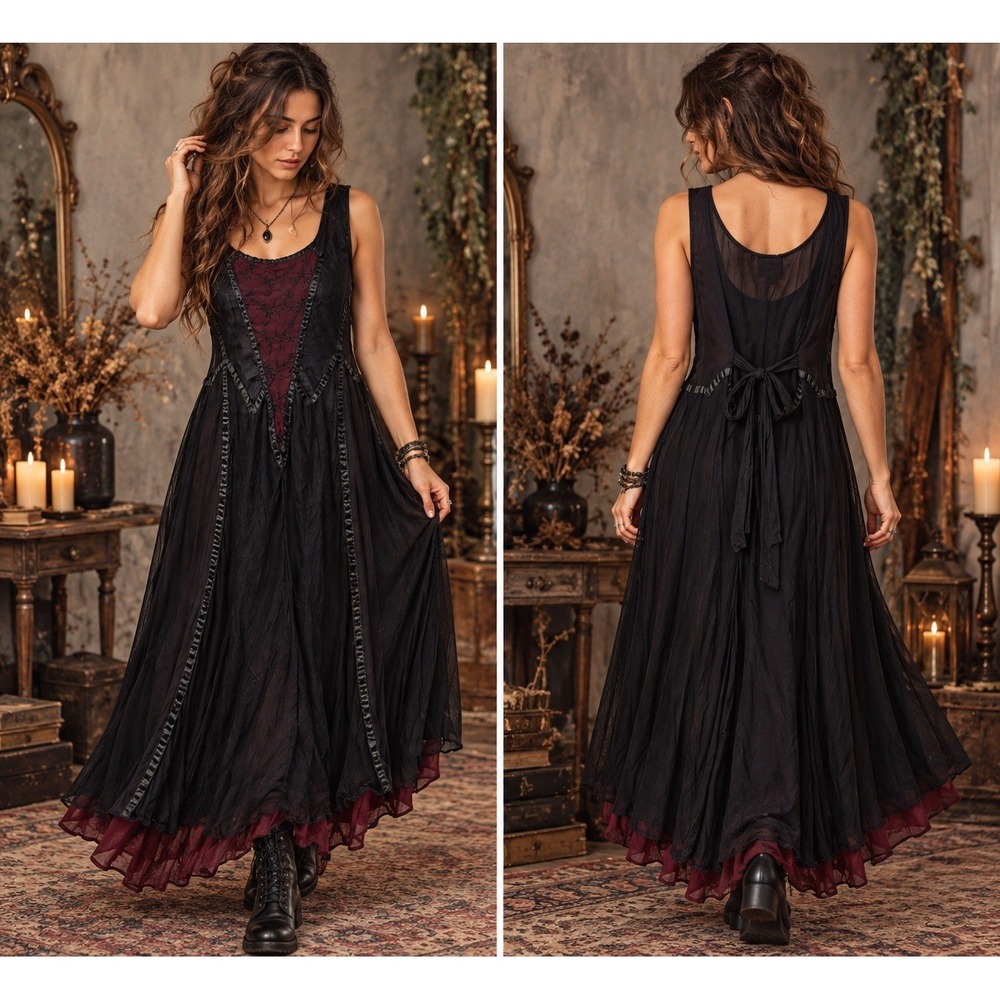 Vtg Hot Topic Funhouse Size 2X Black Burgundy Dress Goth Whimsigoth Witchy